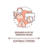 Many working hours requirement red concept icon. Live streaming disadvantage abstract idea thin line illustration. Isolated outline drawing. Editable stroke vector