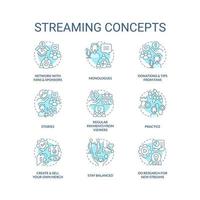 Streaming turquoise concept icons set. Digital entertainment platform. Web streamer idea thin line color illustrations. Isolated symbols. Editable stroke vector