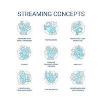 Streaming turquoise concept icons set. Digital entertainment platform. Web streamer idea thin line color illustrations. Isolated symbols. Editable stroke vector