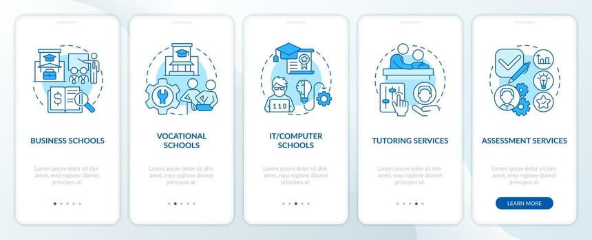 Supplemental education service blue onboarding mobile app screen. Walkthrough 5 steps editable graphic instructions with linear concepts. UI, UX, GUI template vector