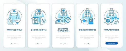 Schools and service providers blue onboarding mobile app screen. Walkthrough 5 steps editable graphic instructions with linear concepts. UI, UX, GUI template vector