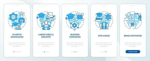 Industry specific education blue onboarding mobile app screen. Skills walkthrough 5 steps editable graphic instructions with linear concepts. UI, UX, GUI template vector