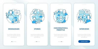 Common podcast formats blue onboarding mobile app screen. Walkthrough 4 steps editable graphic instructions with linear concepts. UI, UX, GUI template vector