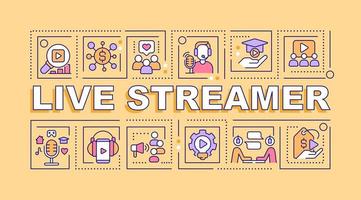 Live streamer word concepts orange banner. Real time broadcast. Infographics with editable icons on color background. Isolated typography. Vector illustration with text