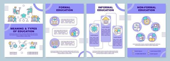 Meaning and types of education purple brochure template. Leaflet design with linear icons. Editable 4 vector layouts for presentation, annual reports