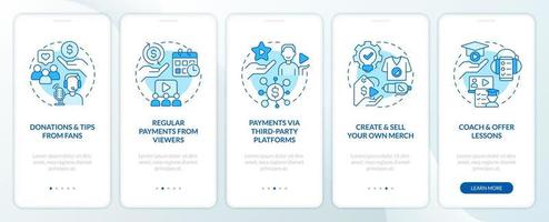 Online streamer earnings ways blue onboarding mobile app screen. Walkthrough 5 steps editable graphic instructions with linear concepts. UI, UX, GUI template vector