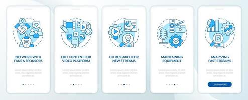 Professional online streaming blue onboarding mobile app screen. Walkthrough 5 steps editable graphic instructions with linear concepts. UI, UX, GUI template vector