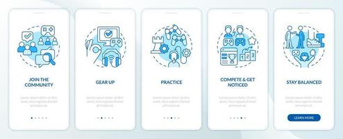 Cyber sport career blue onboarding mobile app screen. Online streamer walkthrough 5 steps editable graphic instructions with linear concepts. UI, UX, GUI template vector