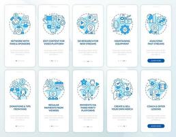 Successful streamer activity blue onboarding mobile app screen set. Walkthrough 5 steps editable graphic instructions with linear concepts. UI, UX, GUI template vector