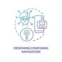 Designing confusing navigation blue gradient concept icon. Web development issue. Frequent UX mistake abstract idea thin line illustration. Isolated outline drawing vector