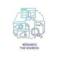 Research sources blue gradient concept icon. Check information in Internet. Search proofs. Avoid fakes abstract idea thin line illustration. Isolated outline drawing vector