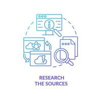 Research sources blue gradient concept icon. Check information in Internet. Search proofs. Avoid fakes abstract idea thin line illustration. Isolated outline drawing vector