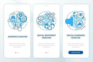 Social media research layers blue onboarding mobile app screen. Walkthrough 3 steps editable graphic instructions with linear concepts. UI, UX, GUI template vector