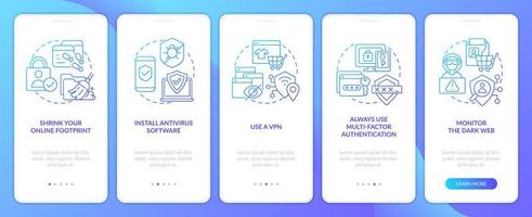 Protect yourself from hackers scams blue gradient onboarding mobile app screen. Walkthrough 5 steps graphic instructions with linear concepts. UI, UX, GUI template vector