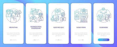 Types of digital scam blue gradient onboarding mobile app screen. Online threat walkthrough 5 steps graphic instructions with linear concepts. UI, UX, GUI template vector