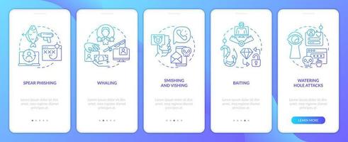 Cybercrime attacks methods blue gradient onboarding mobile app screen. Walkthrough 5 steps graphic instructions with linear concepts. UI, UX, GUI template vector