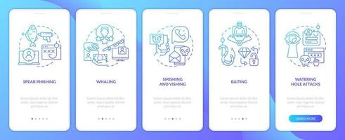 cibercrimen ataques métodos azul degradado inducción móvil aplicación pantalla. recorrido 5 5 pasos gráfico instrucciones con lineal conceptos. ui, ux, gui modelo vector