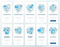 Social media interaction blue onboarding mobile app screen set. Walkthrough 5 steps editable graphic instructions with linear concepts. UI, UX, GUI template vector