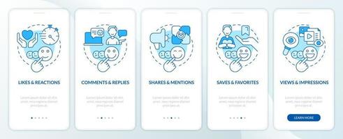 Social media metrics blue onboarding mobile app screen. Walkthrough 5 steps editable graphic instructions with linear concepts. UI, UX, GUI template vector