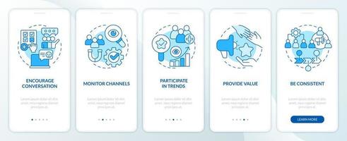 Effective social engagement blue onboarding mobile app screen. Walkthrough 5 steps editable graphic instructions with linear concepts. UI, UX, GUI template vector
