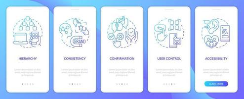 User experience design guide blue gradient onboarding mobile app screen. Walkthrough 5 steps graphic instructions with linear concepts. UI, UX, GUI template vector