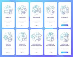 User experience design basics blue gradient onboarding mobile app screen set. Walkthrough 5 steps graphic instructions with linear concepts. UI, UX, GUI template vector
