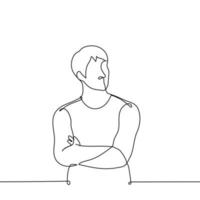 man stands with his arms crossed and looks to the side - one line drawing vector. concept strong confident man vector