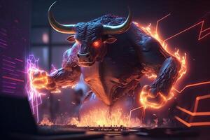 Fire sculpture of Bull, Bullish divergence in Stock market and Crypto currency. Created photo