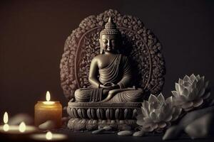 Buddha statue with Candle light, Buddha purnima Vesak day background. photo
