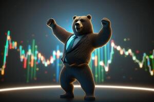 Bear dancing and celebrating with colorful graph background, Bearish in Stock market and Crypto currency. Created photo