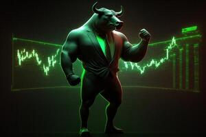 Bull bullish divergence in Stock market and Crypto currency with green graph background. Created photo