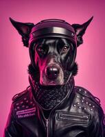 Portrait of bad dogs wearing jacket on pink background. Created photo