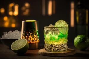 A glass of cocktail with glowing light background. Created photo