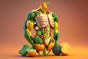 vegetales formando un humano cuerpo metabolismo y nutrición, comiendo dieta comida para energía y digestión. creado generativo ai foto