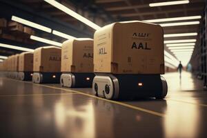 Automated robotics delivering cardboard Boxes in warehouse, Distribution logistics center concept. Created photo