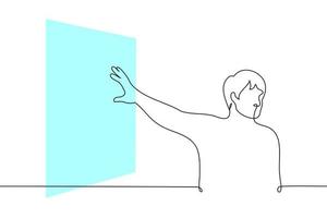 man stands pointing behind his back at the blue projection on the wall - one line drawing vector. concept lecture or presentation vector