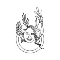 sencillo línea Arte deco hembra decorado por hojas vector ilustración. belleza mujer elegante mano dibujado primavera floral negro icono aislado en blanco
