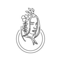 Simple line art deco female decorated by leaves vector illustration.  Beauty woman elegant hand drawn spring floral black icon isolated on white