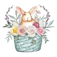 Easter composition with a rabbit, eggs and flowers in a basket. watercolor illustration vector