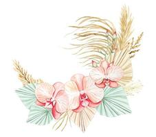 Orchid flowers, dried flowers. Hand drawn watercolor boho bouquet on isolated background. vector