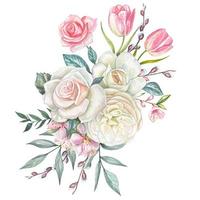 Watercolor flower bouquet. Spring flower arrangements with white rose, sakura and tulips vector