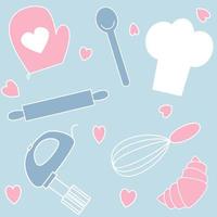 Cute lovely cartoon seamless vector pattern background illustration with chef hat and kitchen tools