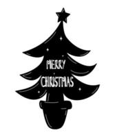 Cute black christmas tree silhouette with hand drawn lettering merry christmas text holidays vector card illustration