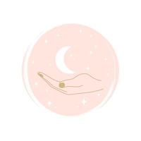 Cute human hand with moon and stars logo vector illustration on circle with brush texture for social media story highlight