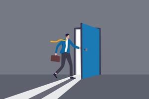 Open the door to find new opportunity, new job or get out of comfort zone, hope to find success, way to exit, escape to bright future concept, businessman open the door to see bright light coming in. vector