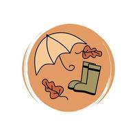 Cute autumn icon vector with umbrella, leaves and rain boots, illustration on circle with brush texture, for social media story and instagram highlights