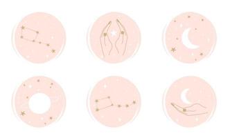 Vector set of logo design templates, icons and badges for social media instagram highlight with cute hands, moon, stars and constellation elements