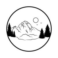 Pine trees on the background of mountains, Natural mountain landscape in a round frame graphic image. Vector illustration