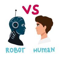 Vector cartoon style illustration of human aggressive businessman vs robot confrontation arm wrestling. Modern technology concept