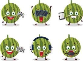 Watermelon cartoon character are playing games with various cute emoticons vector